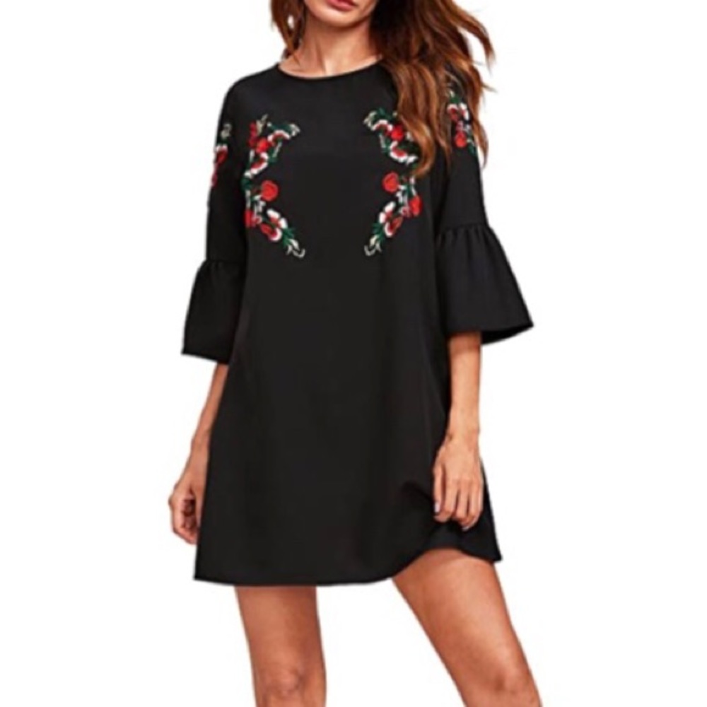 Bell Sleeve Embroidered Tunic Dress, Black
